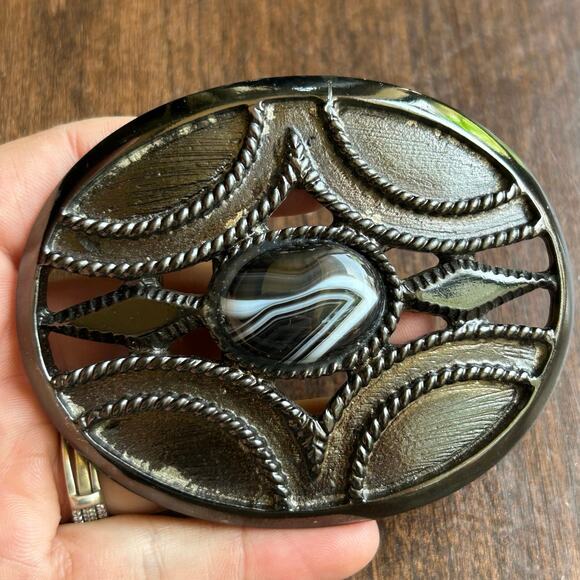 Leatherock women’s black metal belt buckle with black and white agate stone - Picture 1 of 6